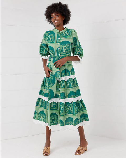 Binny - "THE MAGIC FARAWAY TREE." Linen/Viscose Button Through Maxi Dress with Self Tie Belt - Green Print