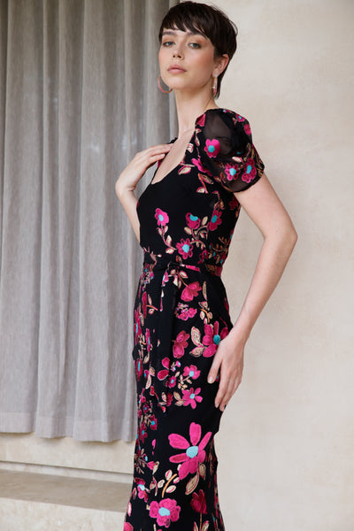 Sacha Drake - Duchess Bias Cut Maxi Dress - Black Fuchsia Flower