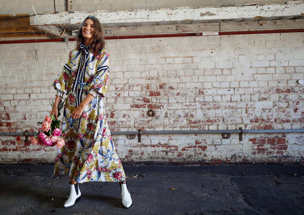 Binny - "EGG CUP POSY." Floral Print Linen/Viscose Midi Dress with Ribbon Placket & Neck Tie & Belt