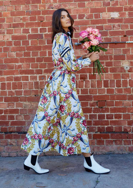 Binny - "EGG CUP POSY." Floral Print Linen/Viscose Midi Dress with Ribbon Placket & Neck Tie & Belt