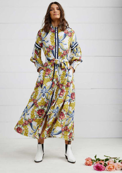 Binny - "EGG CUP POSY." Floral Print Linen/Viscose Midi Dress with Ribbon Placket & Neck Tie & Belt